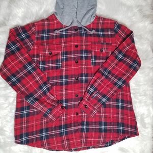 Hooded Button Down Flannel Plaid Shirt L